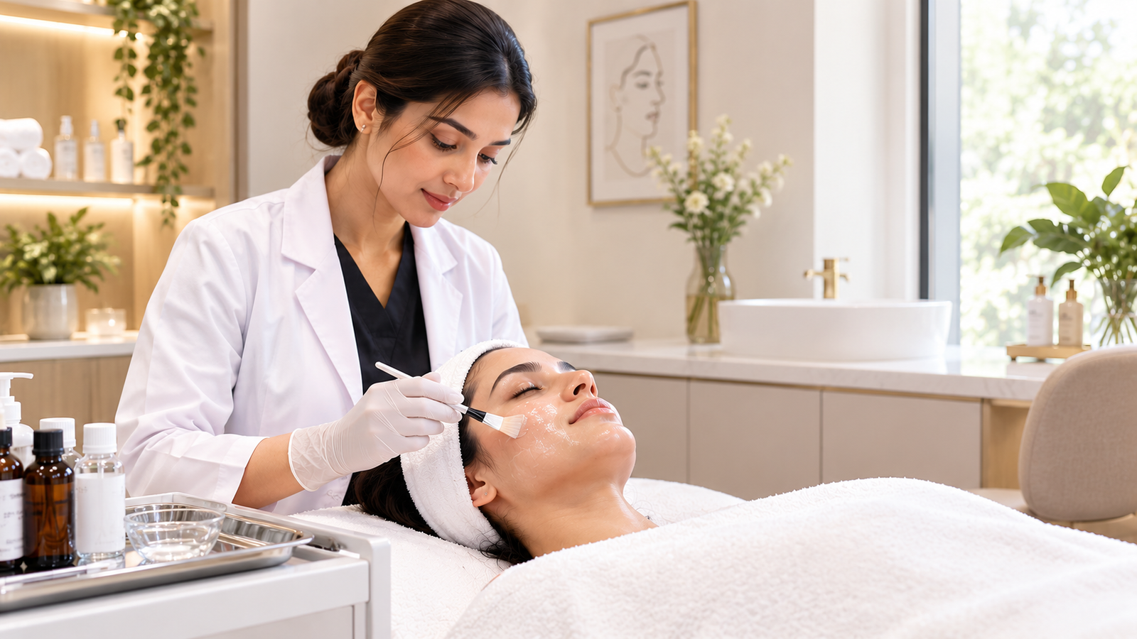 A dermatologist giving a facial treatment in a bright clinic (sample photo)